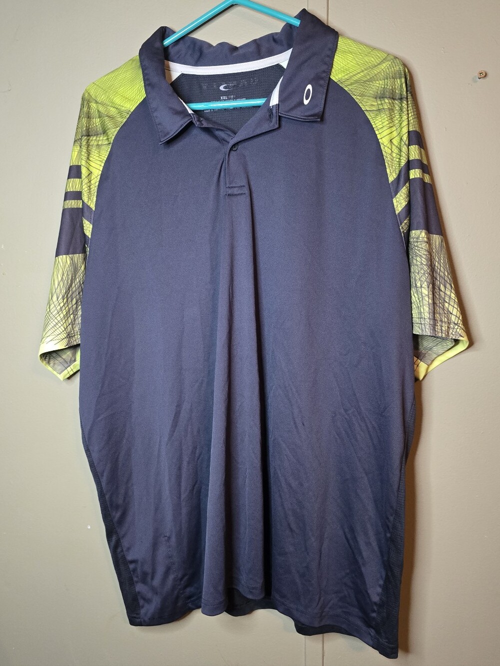 Oakley Men's Dark Gray Polo with Neon Green Sleeves